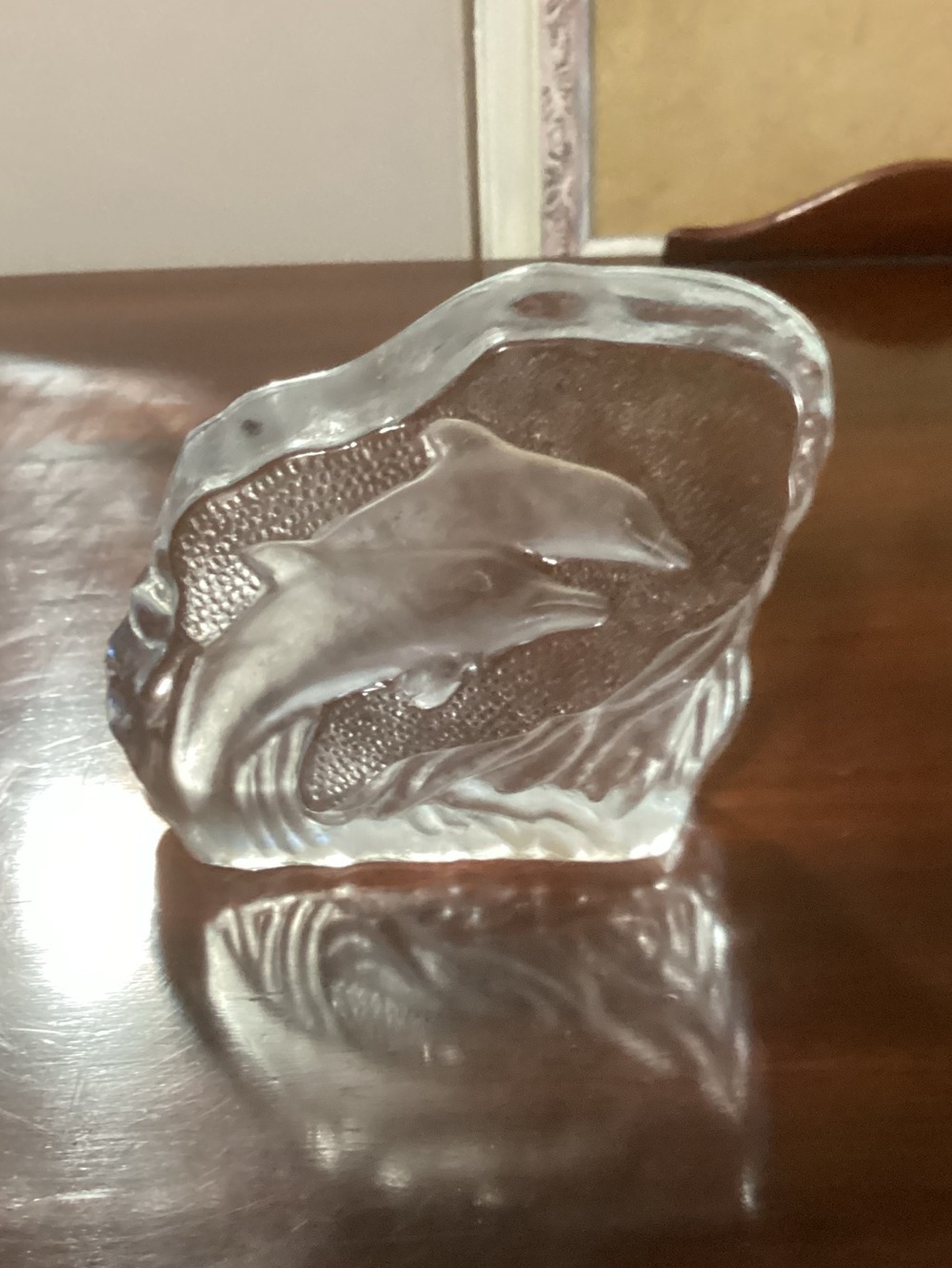 Vintage Dolphin & Ocean Waves  Etched Glass Paperweight